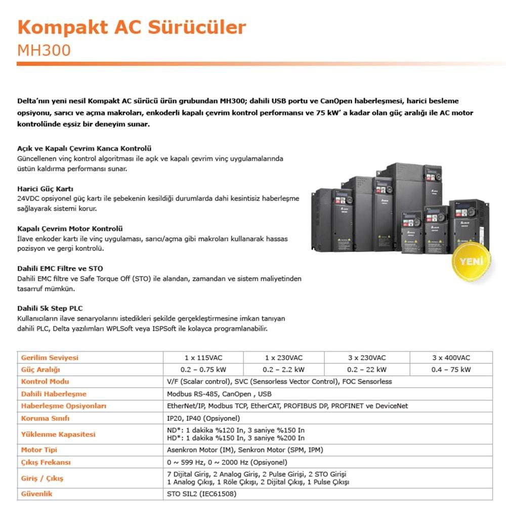 Delta VFD3A0MH43AFSAA ,MH300-0.75kw/380v Ac Motor Sürücü