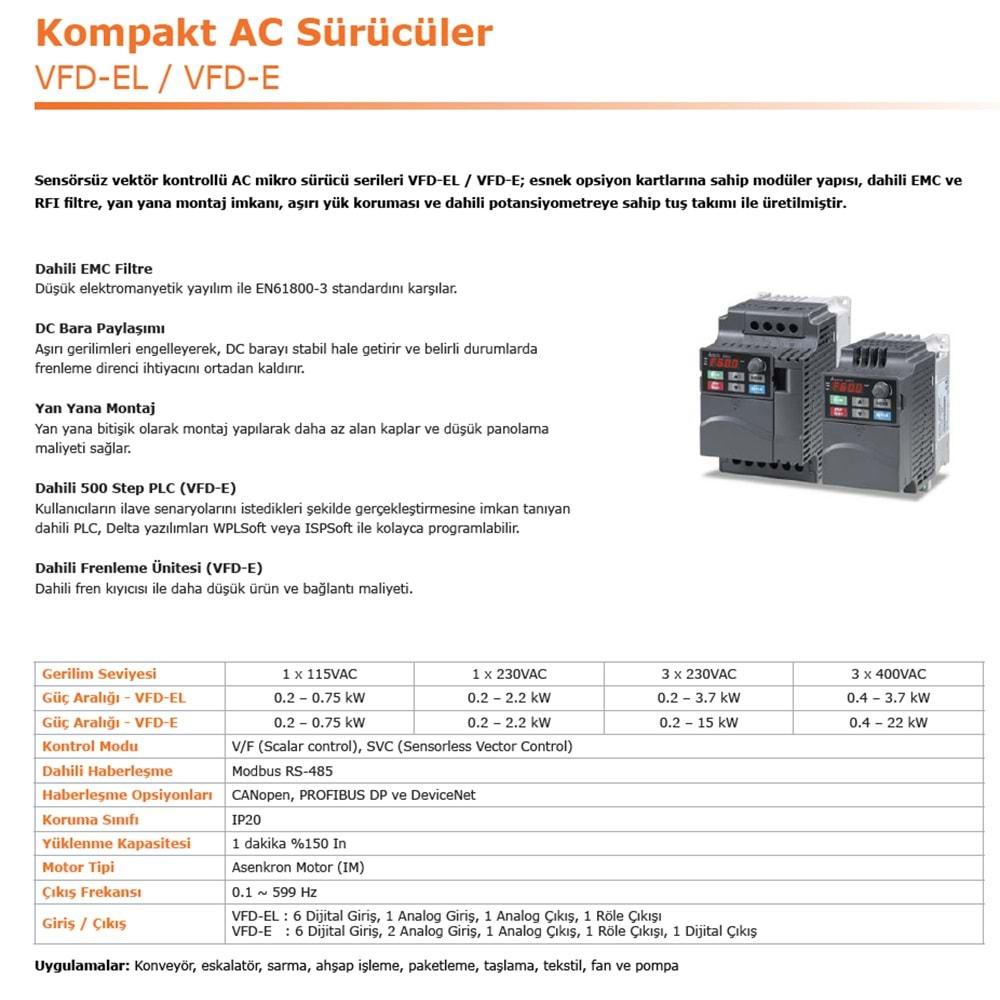 Delta VFD015EL43A ,EL-1.5kw/380v Ac Motor Sürücü