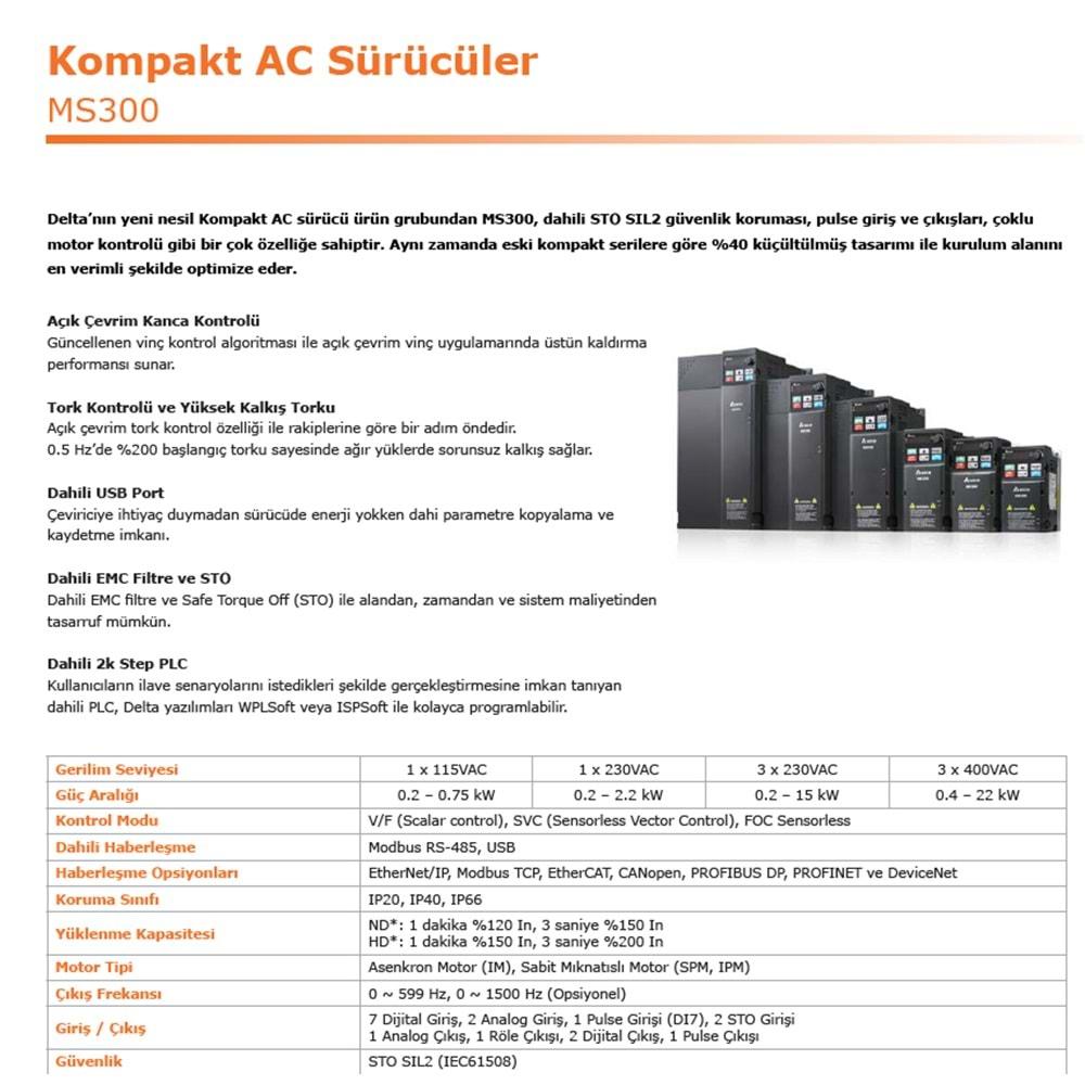 Delta VFD2A7MS43AFSAA ,MS300-0.75kw/380v Ac Motor Sürücü